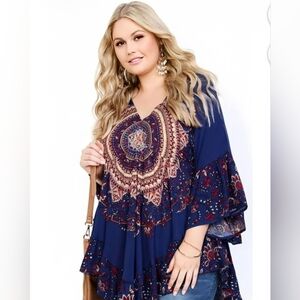 Aveology Boho Floral Tunic Top Blue Paisley Peasant Blouse Festival Boutique